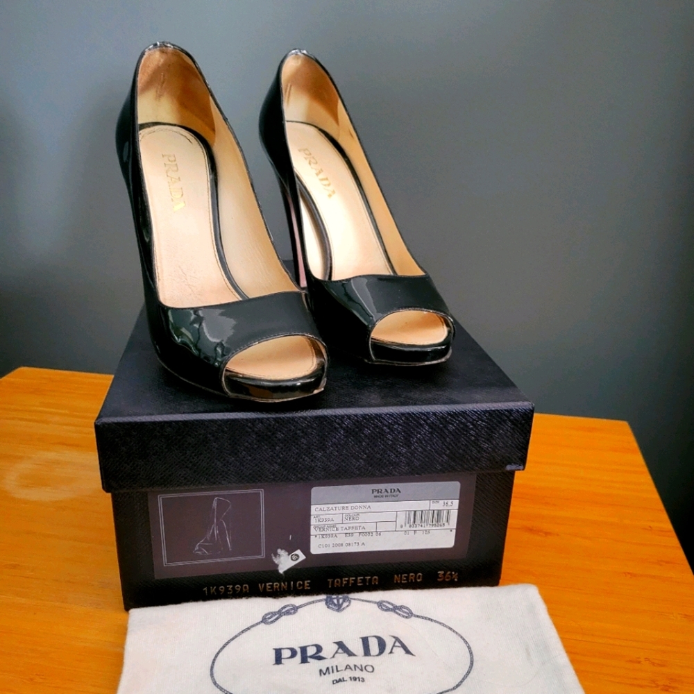 Prada patent peep toe pumps